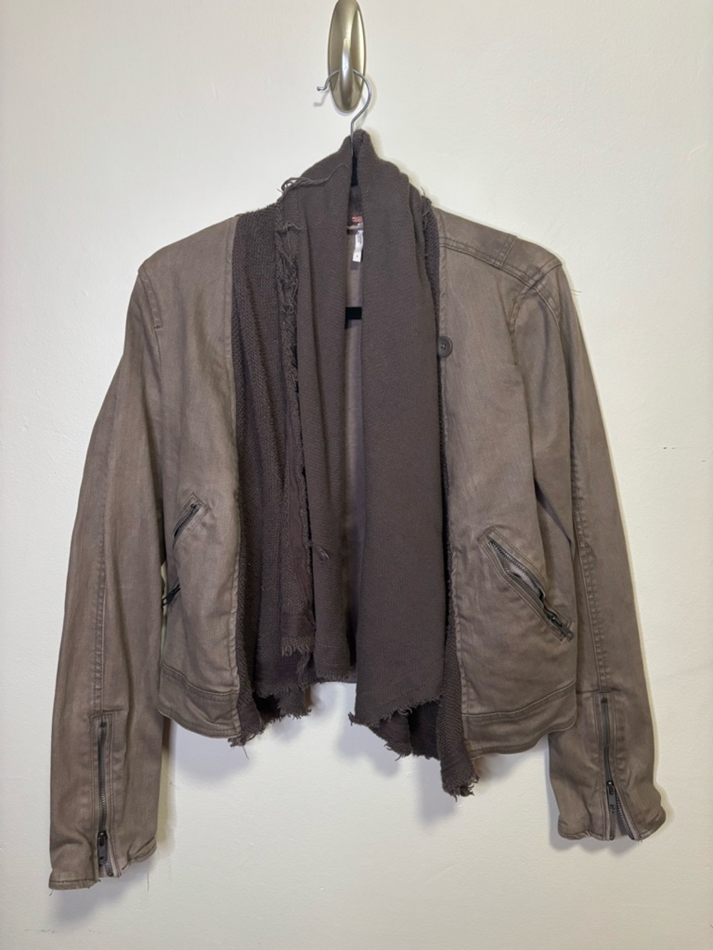 Free People Brown Draped Coated Denim Moto Jacket size 6